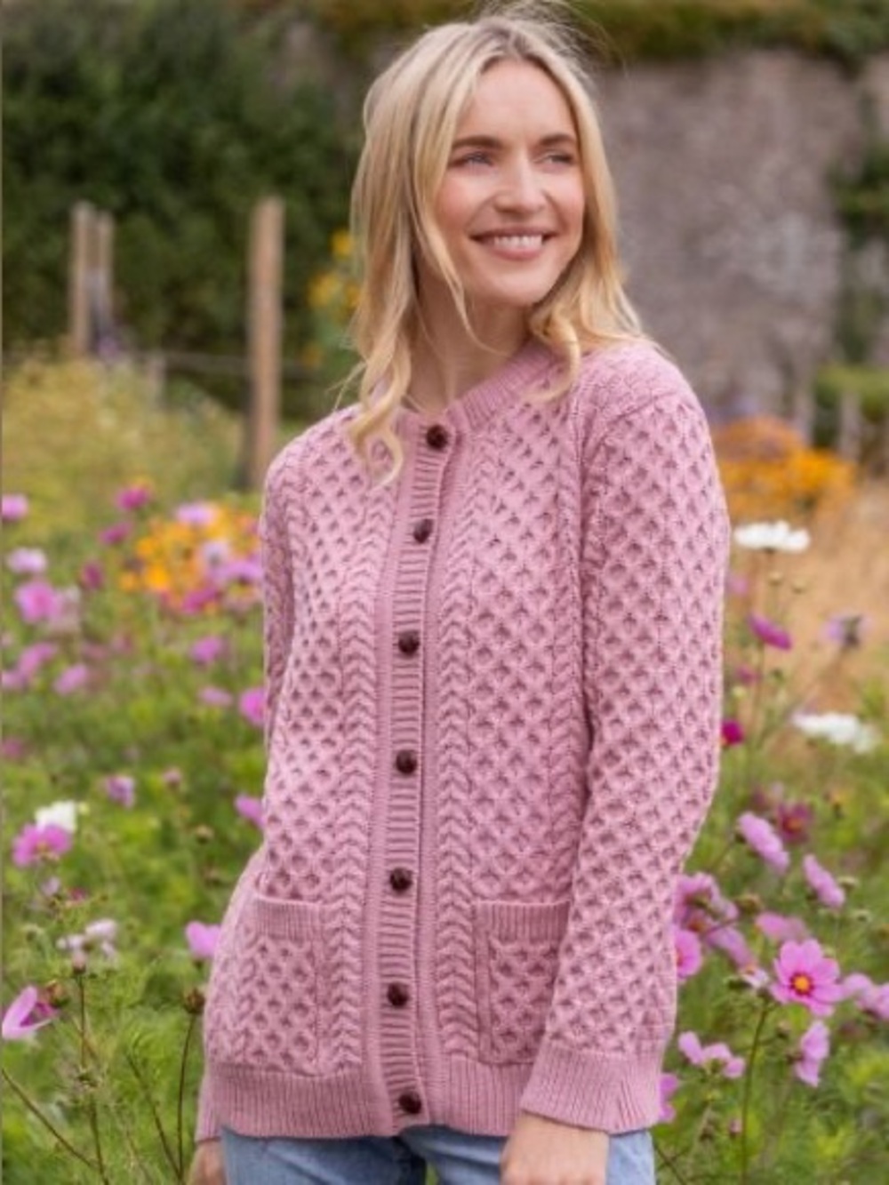 Original Aran Co. Irish Aran Lumber Cardigan Rose Ash Merino Wool Size L NWOT